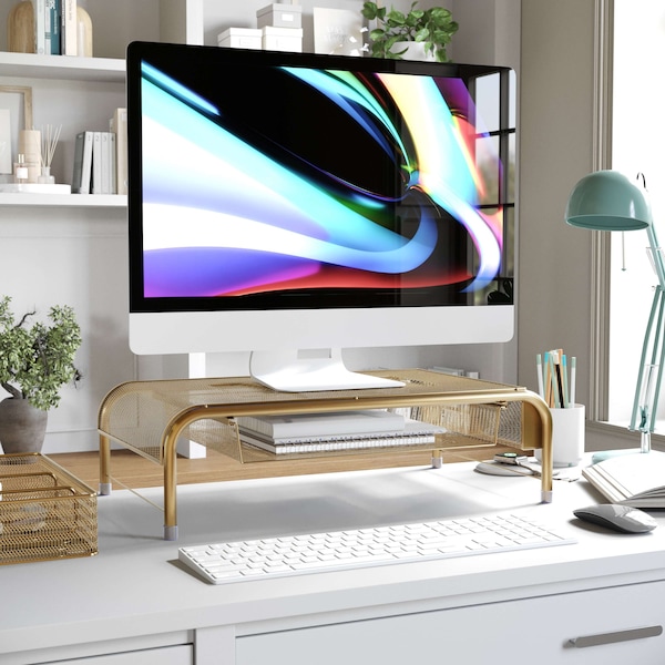 Martha Stewart Ryder Gold Mesh Metal Desktop Monitor Stand Riser with Organizer Drawer and Side Storage HH-OHD04-GLD-MS - main